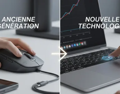 Les secrets de pave tactile : image ou photo montrant une main sur une souris à gauche, une autre sur un pavé tactile à droite.