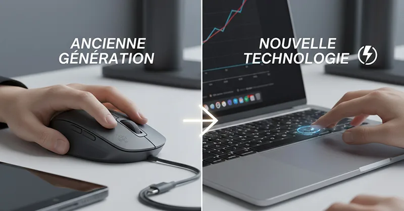 Les secrets de pave tactile : image ou photo montrant une main sur une souris à gauche, une autre sur un pavé tactile à droite.