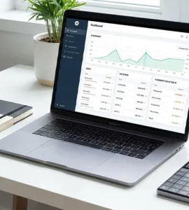 Logiciel de gestion de facture : image ou photo représentant bureau moderne et épuré, avec un ordinateur portable ouvert affichant un tableau de bord de facturation.