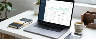 Logiciel de gestion de facture : image ou photo représentant bureau moderne et épuré, avec un ordinateur portable ouvert affichant un tableau de bord de facturation.