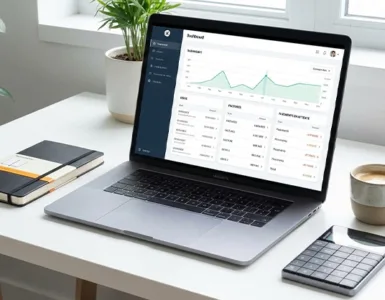 Logiciel de gestion de facture : image ou photo représentant bureau moderne et épuré, avec un ordinateur portable ouvert affichant un tableau de bord de facturation.