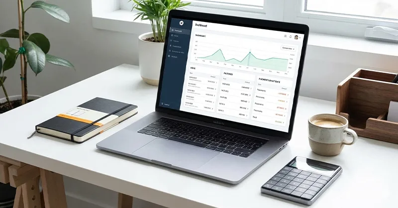 Logiciel de gestion de facture : image ou photo représentant bureau moderne et épuré, avec un ordinateur portable ouvert affichant un tableau de bord de facturation.