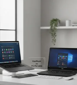 Mac ou PC, lequel est fait pour vous : image ou photo d'un MacBook posé à côté d’un ordinateur Windows.