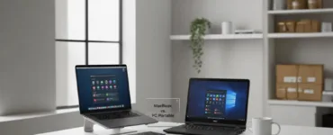 Mac ou PC, lequel est fait pour vous : image ou photo d'un MacBook posé à côté d’un ordinateur Windows.