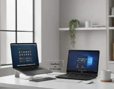 Mac ou PC, lequel est fait pour vous : image ou photo d'un MacBook posé à côté d’un ordinateur Windows.