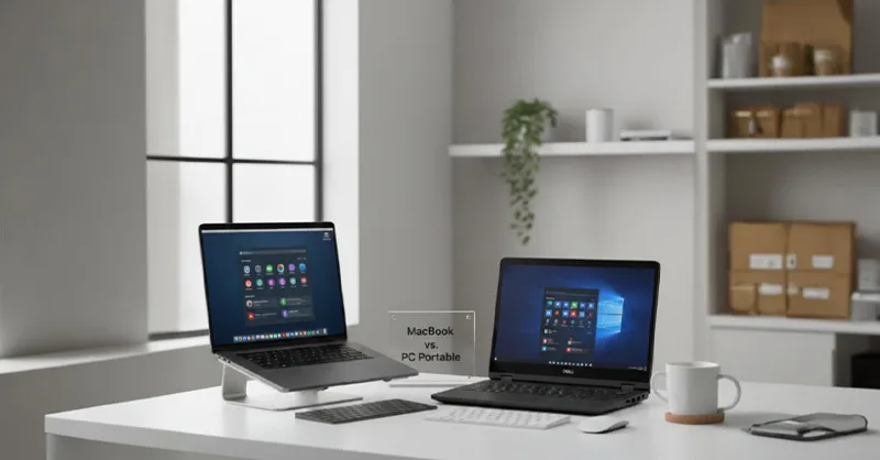 Mac ou PC, lequel est fait pour vous : image ou photo d'un MacBook posé à côté d’un ordinateur Windows.