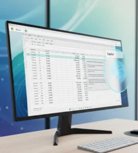 Microsoft Copilot : image ou photo d'un écran d’ordinateur moderne affichant un document Word ou Excel ouvert, avec une fenêtre flottante de type assistant (comme une bulle de conversation d’IA).