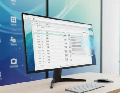 Microsoft Copilot : image ou photo d'un écran d’ordinateur moderne affichant un document Word ou Excel ouvert, avec une fenêtre flottante de type assistant (comme une bulle de conversation d’IA).