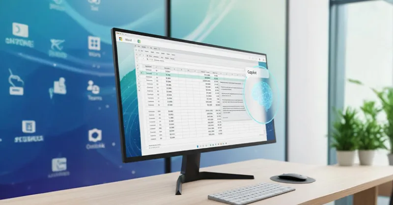 Microsoft Copilot : image ou photo d'un écran d’ordinateur moderne affichant un document Word ou Excel ouvert, avec une fenêtre flottante de type assistant (comme une bulle de conversation d’IA).