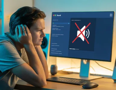 Plus de son après avoir formaté l'ordinateur : image ou photo d'une personne frustré devant son ordinateur, l'air confus. L'écran montre une fenêtre de réglage du son avec une icône de haut-parleur barrée en rouge.