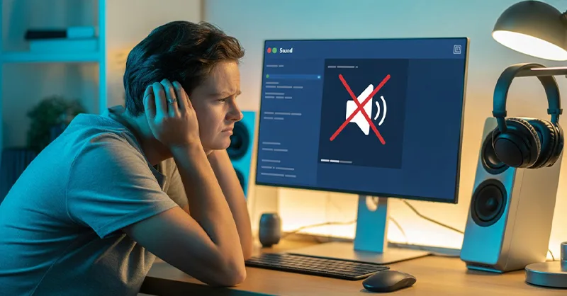 Plus de son après avoir formaté l'ordinateur : image ou photo d'une personne frustré devant son ordinateur, l'air confus. L'écran montre une fenêtre de réglage du son avec une icône de haut-parleur barrée en rouge.