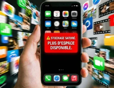 Pourquoi ton téléphone manque d’espace sans rien faire : image ou photo d'un smartphone affichant un message d’alerte du type “Stockage saturé” ou “Plus d’espace disponible” en rouge.