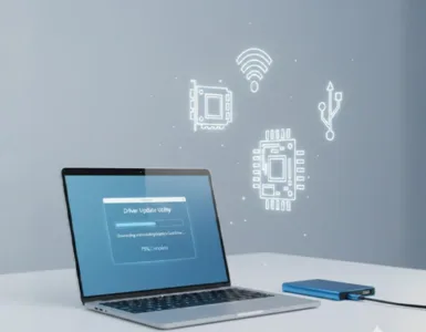 Quand faut-il sauvegarder ses pilotes exactement : image ou photo d'un ordinateur portable ouvert avec un écran montrant une fenêtre de sauvegarde ou de mise à jour de pilotes.