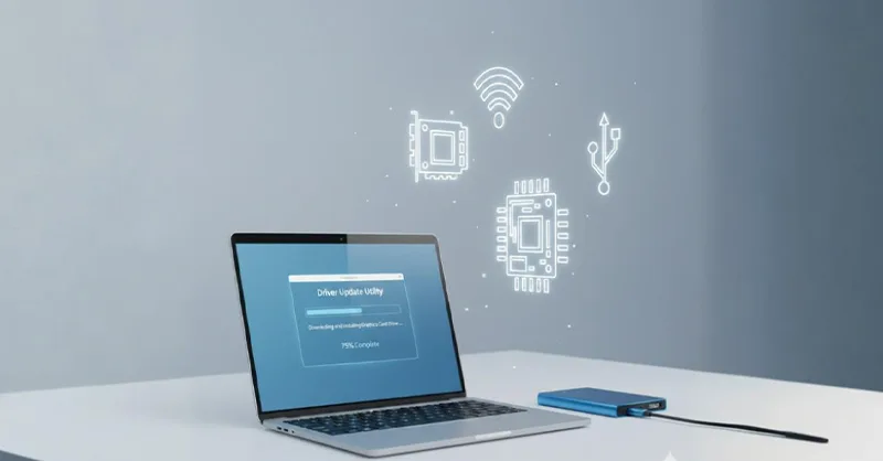 Quand faut-il sauvegarder ses pilotes exactement : image ou photo d'un ordinateur portable ouvert avec un écran montrant une fenêtre de sauvegarde ou de mise à jour de pilotes.