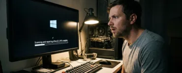 Windows vérifie le disque dur au démarrage : image ou photo d'un écran d'ordinateur affichant un message de vérification du disque dur (CHKDSK) au démarrage de Windows, avec une barre de chargement et un texte blanc sur fond bleu ou noir.