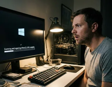 Windows vérifie le disque dur au démarrage : image ou photo d'un écran d'ordinateur affichant un message de vérification du disque dur (CHKDSK) au démarrage de Windows, avec une barre de chargement et un texte blanc sur fond bleu ou noir.