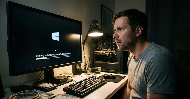 Windows vérifie le disque dur au démarrage : image ou photo d'un écran d'ordinateur affichant un message de vérification du disque dur (CHKDSK) au démarrage de Windows, avec une barre de chargement et un texte blanc sur fond bleu ou noir.