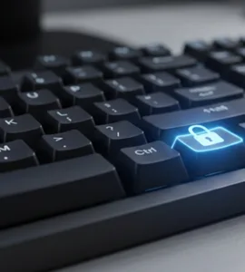 Clavier bloqué : image ou photo d'un clavier d’ordinateur vu de près, avec une ou plusieurs touches mises en valeur (par exemple, la touche "Shift" ou "Ctrl") avec un effet visuel de surbrillance ou un petit cadenas dessus pour illustrer le blocage.