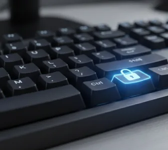 Clavier bloqué : image ou photo d'un clavier d’ordinateur vu de près, avec une ou plusieurs touches mises en valeur (par exemple, la touche "Shift" ou "Ctrl") avec un effet visuel de surbrillance ou un petit cadenas dessus pour illustrer le blocage.