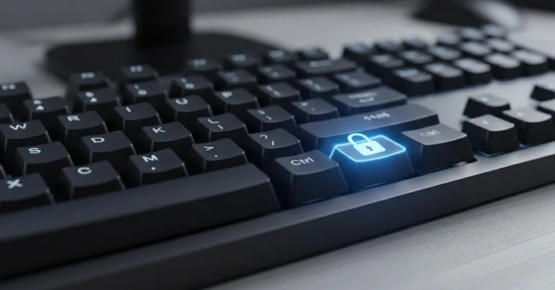 Clavier bloqué : image ou photo d'un clavier d’ordinateur vu de près, avec une ou plusieurs touches mises en valeur (par exemple, la touche "Shift" ou "Ctrl") avec un effet visuel de surbrillance ou un petit cadenas dessus pour illustrer le blocage.