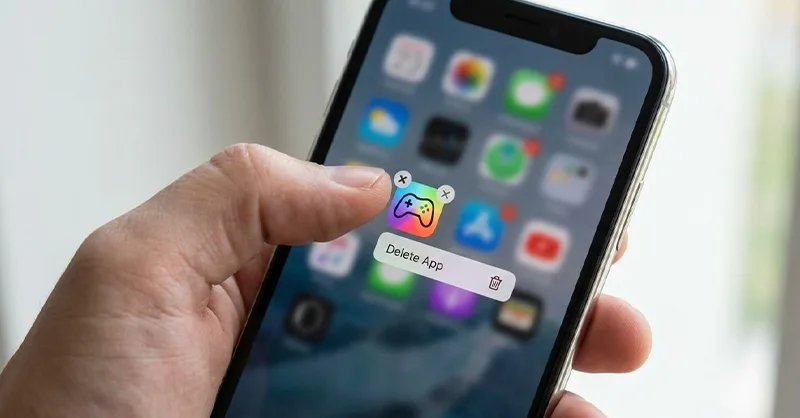 Supprimer une application sur mon téléphone : image ou photo d'un martphone avec icônes d’applications en surbrillance ou floues.