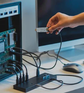 Ajouter un port : image ou photo d'un PC portable ou une tour ouverte montrant ses composants, des câbles, un hub USB, une station d’accueil et des périphériques tous connectés.