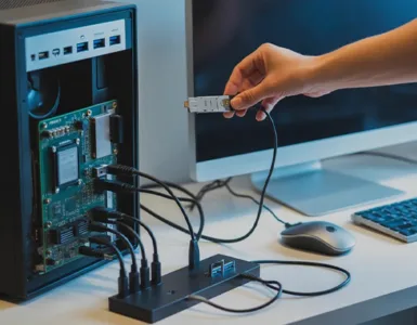 Ajouter un port : image ou photo d'un PC portable ou une tour ouverte montrant ses composants, des câbles, un hub USB, une station d’accueil et des périphériques tous connectés.