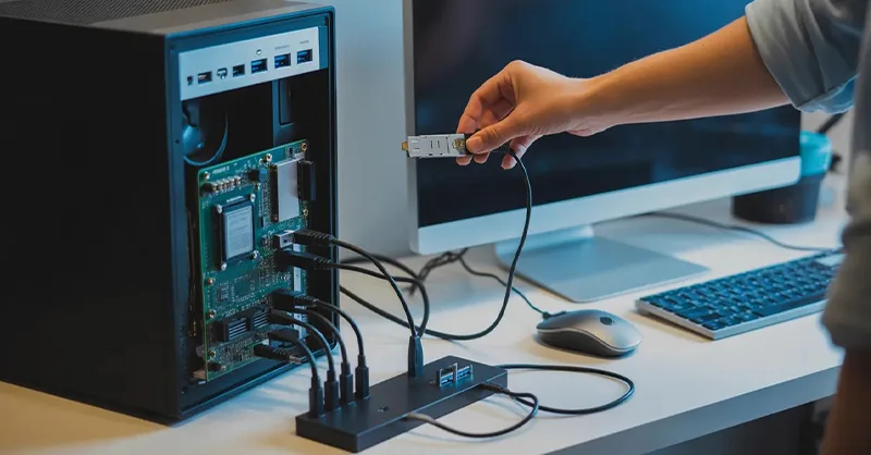 Ajouter un port : image ou photo d'un PC portable ou une tour ouverte montrant ses composants, des câbles, un hub USB, une station d’accueil et des périphériques tous connectés.