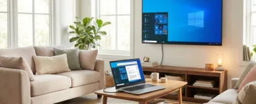 Connecter un PC : image ou photo d'un salon moderne avec une TV allumée affichant l’écran d’un ordinateur portable ouvert posé sur une table.