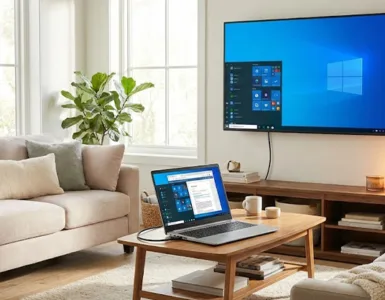 Connecter un PC : image ou photo d'un salon moderne avec une TV allumée affichant l’écran d’un ordinateur portable ouvert posé sur une table.