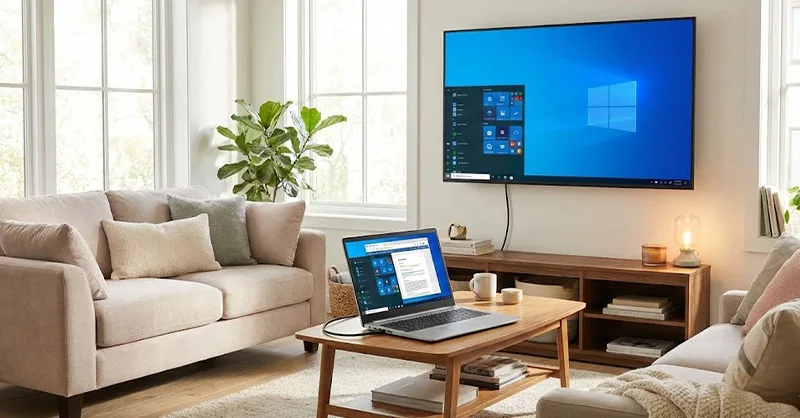 Connecter un PC : image ou photo d'un salon moderne avec une TV allumée affichant l’écran d’un ordinateur portable ouvert posé sur une table.