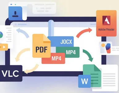 Fichier bon programme : image ou photo d'un écran d’ordinateur avec plusieurs icônes de fichiers (PDF, JPG, MP4, DOCX) reliées par des flèches vers leurs logiciels respectifs (Adobe Reader, VLC, Word, etc.)