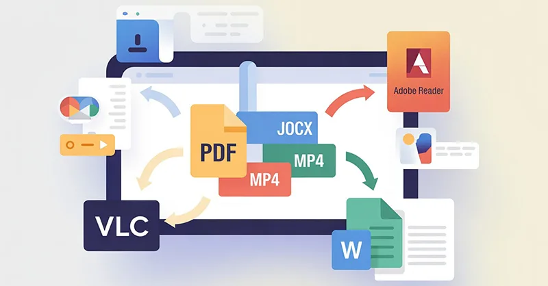 Fichier bon programme : image ou photo d'un écran d’ordinateur avec plusieurs icônes de fichiers (PDF, JPG, MP4, DOCX) reliées par des flèches vers leurs logiciels respectifs (Adobe Reader, VLC, Word, etc.)