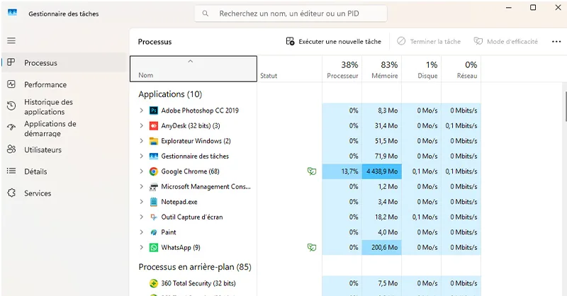 Windows 11 : image ou photo, capture du gestionnaire des tâches.