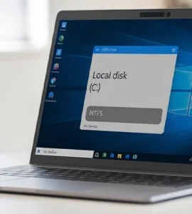 PC NTFS : image ou photo d'un ordinateur portable ouvert affichant l’écran de l’explorateur de fichiers Windows. À l’écran, on voit clairement un disque dur nommé "Disque local (C:)" avec une infobulle ou étiquette indiquant "NTFS".