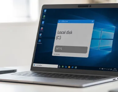 PC NTFS : image ou photo d'un ordinateur portable ouvert affichant l’écran de l’explorateur de fichiers Windows. À l’écran, on voit clairement un disque dur nommé "Disque local (C:)" avec une infobulle ou étiquette indiquant "NTFS".
