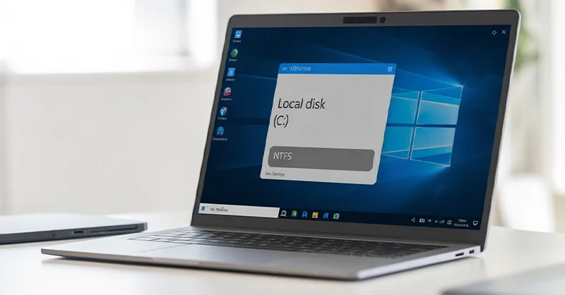 PC NTFS : image ou photo d'un ordinateur portable ouvert affichant l’écran de l’explorateur de fichiers Windows. À l’écran, on voit clairement un disque dur nommé "Disque local (C:)" avec une infobulle ou étiquette indiquant "NTFS".
