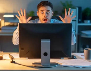 Pc s’éteint seul : image ou photo d'un utilisateur surpris ou frustré devant son ordinateur éteint ou un écran noir.