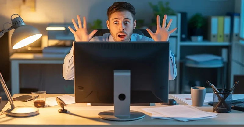 Pc s’éteint seul : image ou photo d'un utilisateur surpris ou frustré devant son ordinateur éteint ou un écran noir.