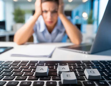 Réparer un clavier : image ou photo d'un clavier d’ordinateur en gros plan, avec quelques touches en désordre ou déplacées. D'un utilisateur frustré devant son écran.
