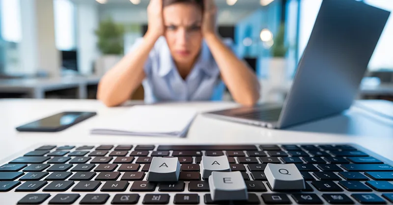 Réparer un clavier : image ou photo d'un clavier d’ordinateur en gros plan, avec quelques touches en désordre ou déplacées. D'un utilisateur frustré devant son écran.