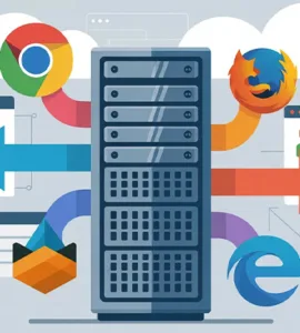 serveur web : image ou photo illustration stylisée d’un serveur (boîtiers, racks ou tour d’ordinateur) connecté à plusieurs navigateurs web (symboles de Chrome, Firefox, Edge…)