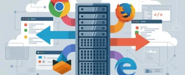 serveur web : image ou photo illustration stylisée d’un serveur (boîtiers, racks ou tour d’ordinateur) connecté à plusieurs navigateurs web (symboles de Chrome, Firefox, Edge…)