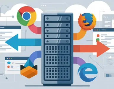 serveur web : image ou photo illustration stylisée d’un serveur (boîtiers, racks ou tour d’ordinateur) connecté à plusieurs navigateurs web (symboles de Chrome, Firefox, Edge…)