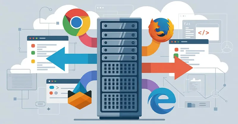 serveur web : image ou photo illustration stylisée d’un serveur (boîtiers, racks ou tour d’ordinateur) connecté à plusieurs navigateurs web (symboles de Chrome, Firefox, Edge…)