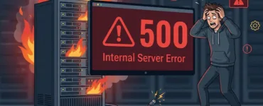 Serveur plante : image ou photo d'un serveur en feu (symbolique, pas réel), ou un écran avec un gros message d’erreur (ex : “500 Internal Server Error”), pendant qu’un personnage (admin, technicien ou développeur) regarde ça d’un air paniqué ou confus.