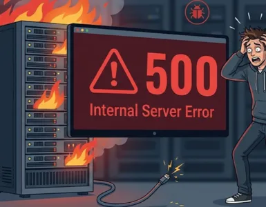 Serveur plante : image ou photo d'un serveur en feu (symbolique, pas réel), ou un écran avec un gros message d’erreur (ex : “500 Internal Server Error”), pendant qu’un personnage (admin, technicien ou développeur) regarde ça d’un air paniqué ou confus.