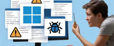 Windows 11 : image ou photo d'un écran d’ordinateur affichant le logo de Windows 11, avec des icônes d’erreur, un panneau ou un symbole « bug, et une personne qui regarde l’écran avec un air confus ou qui essaie de réparer quelque chose.
