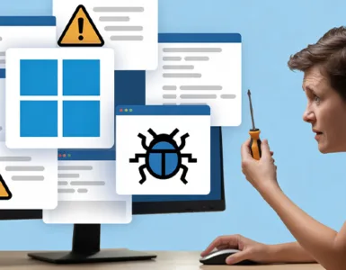Windows 11 : image ou photo d'un écran d’ordinateur affichant le logo de Windows 11, avec des icônes d’erreur, un panneau ou un symbole « bug, et une personne qui regarde l’écran avec un air confus ou qui essaie de réparer quelque chose.