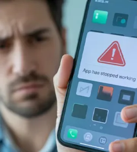 Applis : image ou photo d'un smartphone en gros plan avec un écran affichant une application bloquée ou en erreur.